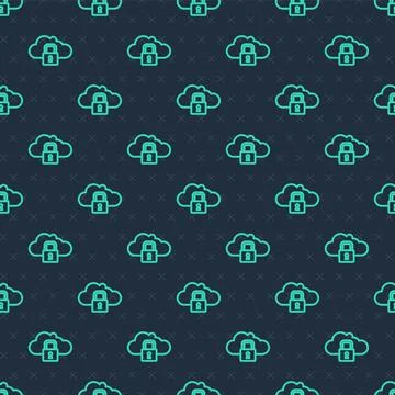 Green line Cloud computing lock icon isolated seamless pattern on blue Illustrazione stock