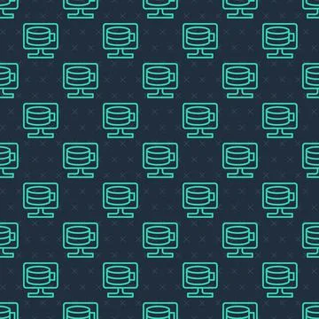 Green line Cloud database icon isolated seamless pattern on blue background Stock Illustration