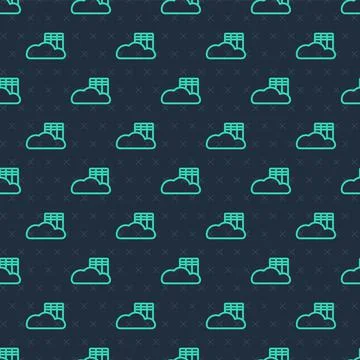 Green line Cloud or online library icon isolated seamless pattern on blue イラスト素材