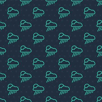 Green line Cloud with rain and sun icon isolated seamless pattern on blue Stock Illustration