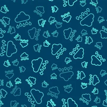 Green line Cloud with rain icon isolated seamless pattern on blue background Stock Illustration