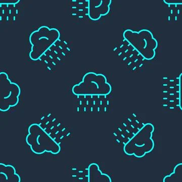 Green line Cloud with rain icon isolated seamless pattern on blue background 스톡 일러스트