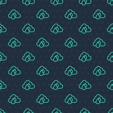 Green line Cloud with rain icon isolated seamless pattern on blue background Stock Illustration