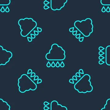 Green line Cloud with rain icon isolated seamless pattern on blue background Stock Illustration