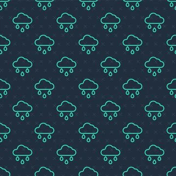 Green line Cloud with rain icon isolated seamless pattern on blue background Stock Illustration