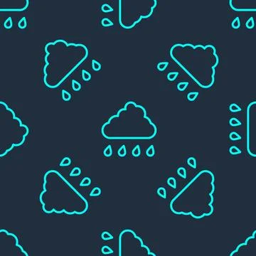 Green line Cloud with rain icon isolated seamless pattern on blue backgroun.. Illustrazione stock