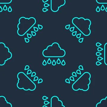 Green line Cloud with rain icon isolated seamless pattern on blue background. 스톡 일러스트
