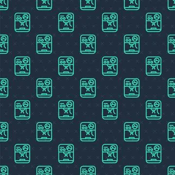 Green line Coffee machine icon isolated seamless pattern on blue background Stock Illustration