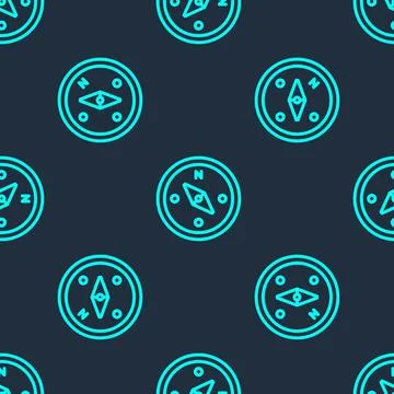 Green line Compass icon isolated seamless pattern on blue background. Windrose 스톡 일러스트