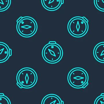 Green line Compass icon isolated seamless pattern on blue background. Windrose イラスト素材