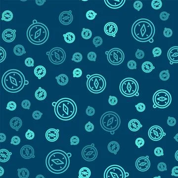 Green line Compass icon isolated seamless pattern on blue background. Windrose Stock Illustration