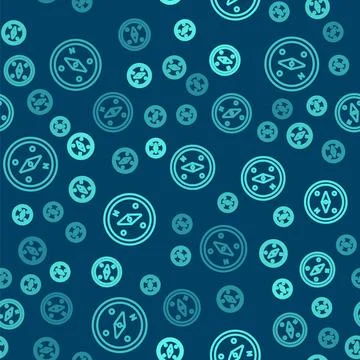 Green line Compass icon isolated seamless pattern on blue background. Windrose イラスト素材