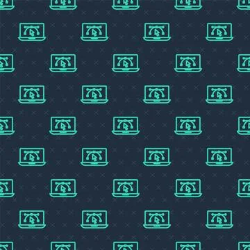 Green line Computer display with vector design program icon isolated on iso.. Stock Illustration