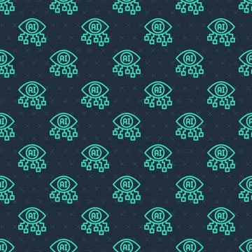 Green line Computer vision icon isolated seamless pattern on blue background Stock Illustration