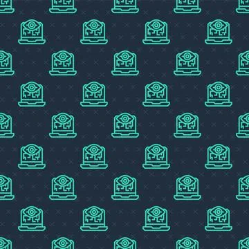 Green line Computer vision icon isolated seamless pattern on blue background Stock Illustration