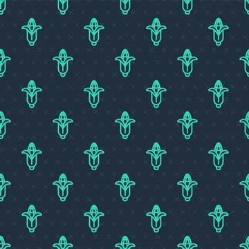 Green line Corn icon isolated seamless pattern on blue background. Vector Stock Illustration