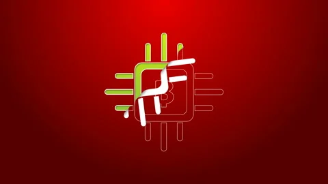Green line CPU mining farm icon isolated on red background. Bitcoin sign inside Stock Footage 143436825