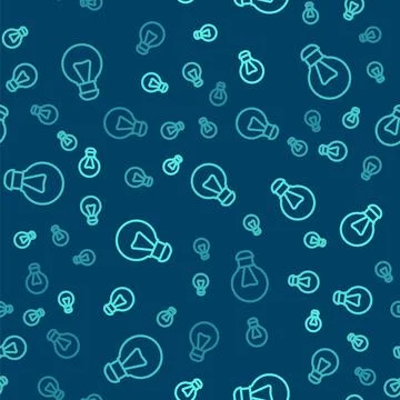 Green line Creative lamp light idea icon isolated seamless pattern on blue ba Stock Illustration