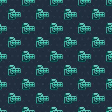 Green line Cyber security icon isolated seamless pattern on blue background Stock Illustration