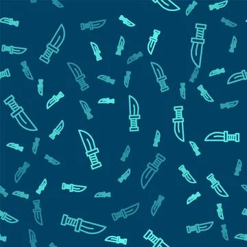 Green line Dagger icon isolated seamless pattern on blue background. Knife .. Stock Illustration