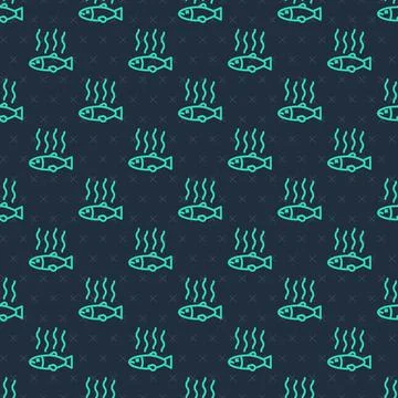 Green line Dead fish icon isolated seamless pattern on blue background. Rotten Stock Illustration