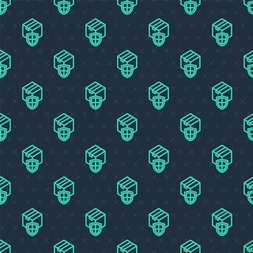 Green line Delivery security with shield icon isolated seamless pattern on blue Stock Illustration