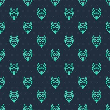 Green line Devil head icon isolated seamless pattern on blue background. Happy Stock Illustration