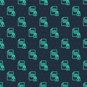 Green line Document and lock icon isolated seamless pattern on blue background 스톡 일러스트