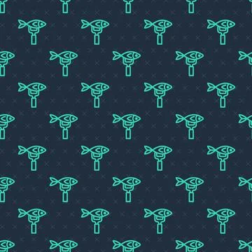 Green line Dried fish icon isolated seamless pattern on blue background. Vector 스톡 일러스트