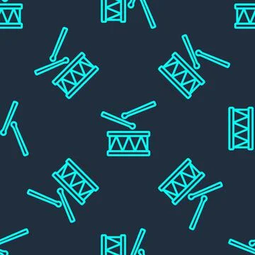 Green line Drum with drum sticks icon isolated seamless pattern on blue Stock Illustration