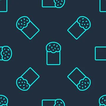 Green line Easter cake icon isolated seamless pattern on blue background. H.. 스톡 일러스트