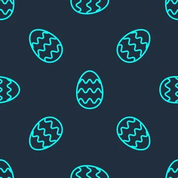 Green line Easter egg icon isolated seamless pattern on blue background. Happy 스톡 일러스트