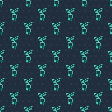 Green line Electric saving plug in leaf icon isolated seamless pattern on blue Stockillustratie