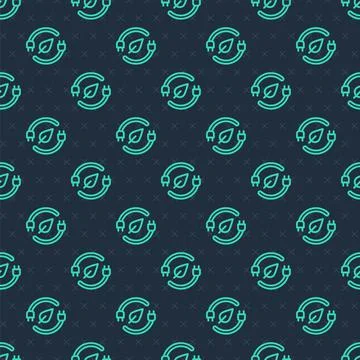 Green line Electric saving plug in leaf icon isolated seamless pattern on blu Stock Illustration