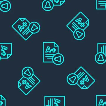 Green line Exam sheet with A plus grade icon isolated seamless pattern on blue 스톡 일러스트