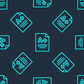 Green line Exam sheet with A plus grade icon isolated seamless pattern on blue 스톡 일러스트