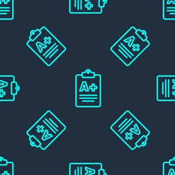 Green line Exam sheet with A plus grade icon isolated seamless pattern on blue Stock Illustration