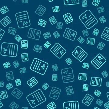 Green line Exam sheet with A plus grade icon isolated seamless pattern on blu Stock Illustration