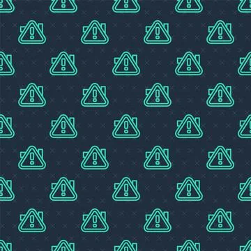 Green line Exclamation mark in triangle icon isolated seamless pattern on blue Stock Illustration