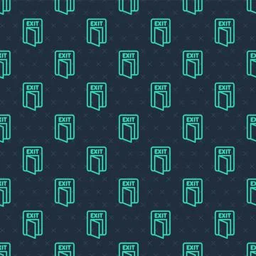 Green line Fire exit icon isolated seamless pattern on blue background. Fire Illustrazione stock