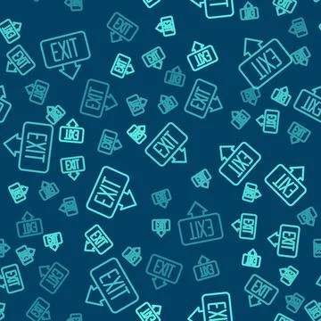 Green line Fire exit icon isolated seamless pattern on blue background. Fire 库存插图