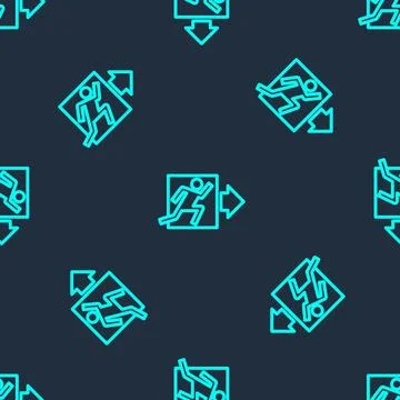 Green line Fire exit icon isolated seamless pattern on blue background. Fir.. Stock Illustration