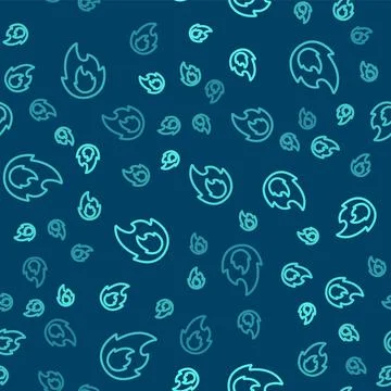 Green line Fire flame icon isolated seamless pattern on blue background. Vect Stockillustratie