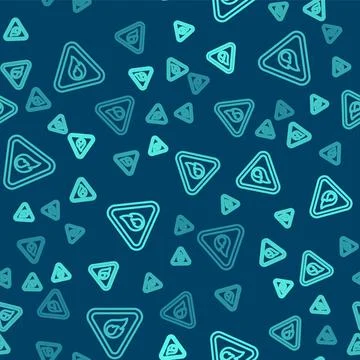 Green line Fire flame in triangle icon isolated seamless pattern on blue Illustrazione stock