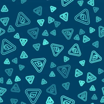 Green line Fire flame in triangle icon isolated seamless pattern on blue 스톡 일러스트