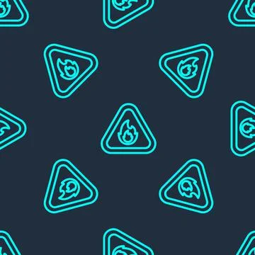 Green line Fire flame in triangle icon isolated seamless pattern on blue Stock Illustration