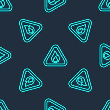 Green line Fire flame in triangle icon isolated seamless pattern on blue 스톡 일러스트