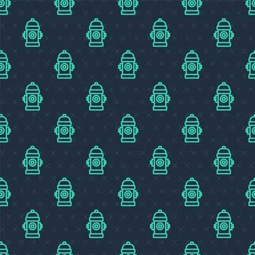 Green line Fire hydrant icon isolated seamless pattern on blue background.  V 库存插图