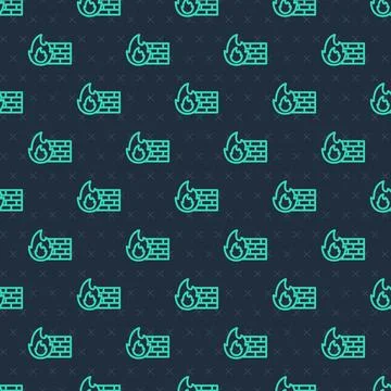 Green line Firewall, security wall icon isolated seamless pattern on blue Stock Illustration