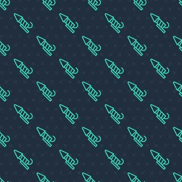 Green line Firework rocket icon isolated seamless pattern on blue background. Stock Illustration
